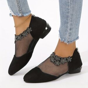Floral Rhinestone Mesh Heeled Shoes Black 42